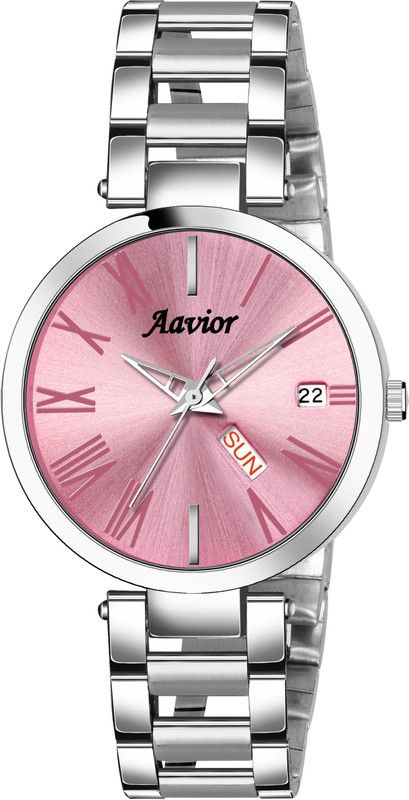 Pink Day & Date Function Silver Bracelet Chain Analog Watch - For Women AV-709(129)