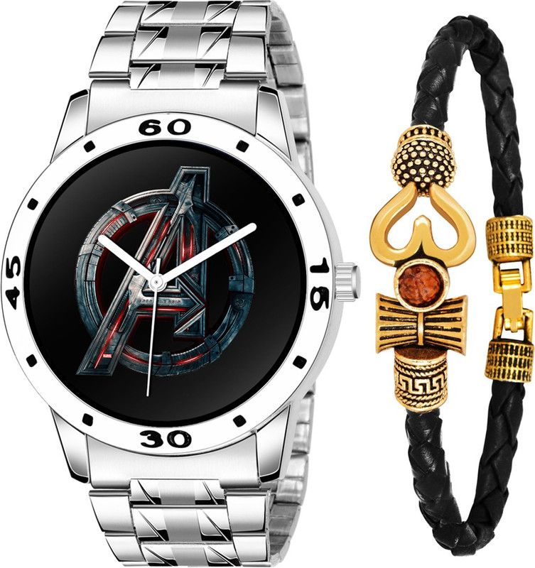 Analog Watch - For Boys AVS BLACK+042 COMBO STEEL CHAIN ADJUSTABLE LENGTH BLACK DIAL WATCH
