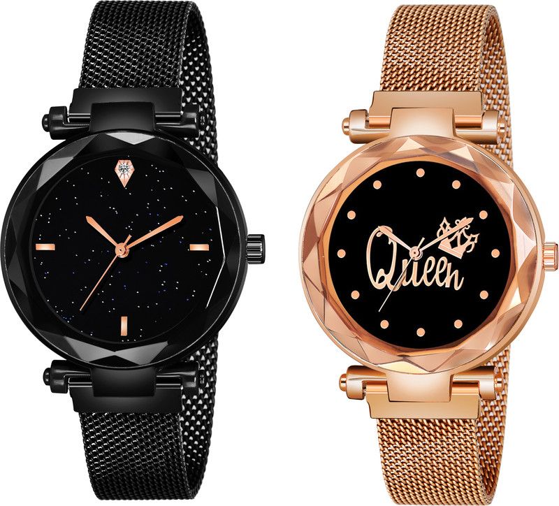 Analog Watch - For Women Analogue Unique Designer 4 figer & Queen Design Black Dial Black & Rose Gold Magnet Strap