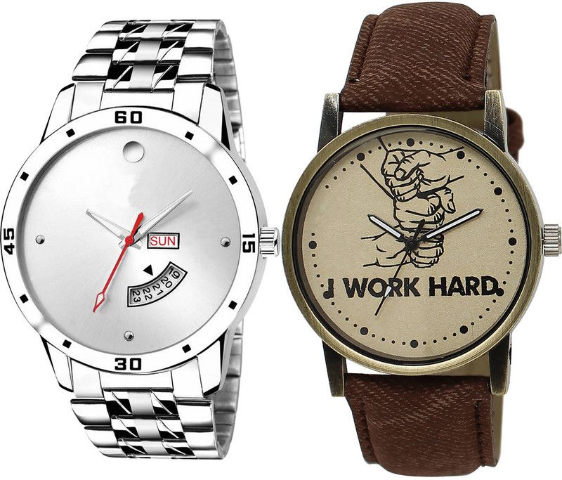 combo watch Analog Watch - For Girls New Casual Day And Date And I Work Hard Analogue Silver And Brown Color Boys And Men Watch - BL46.103-BL46.29 (Combo Of 2 )