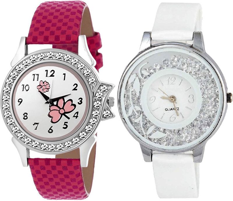 combo watch Analog Watch - For Girls Latest Present Flower Analogue Pink And White Color Girls And Women Watch - G128-G90 (Combo Of 2 )