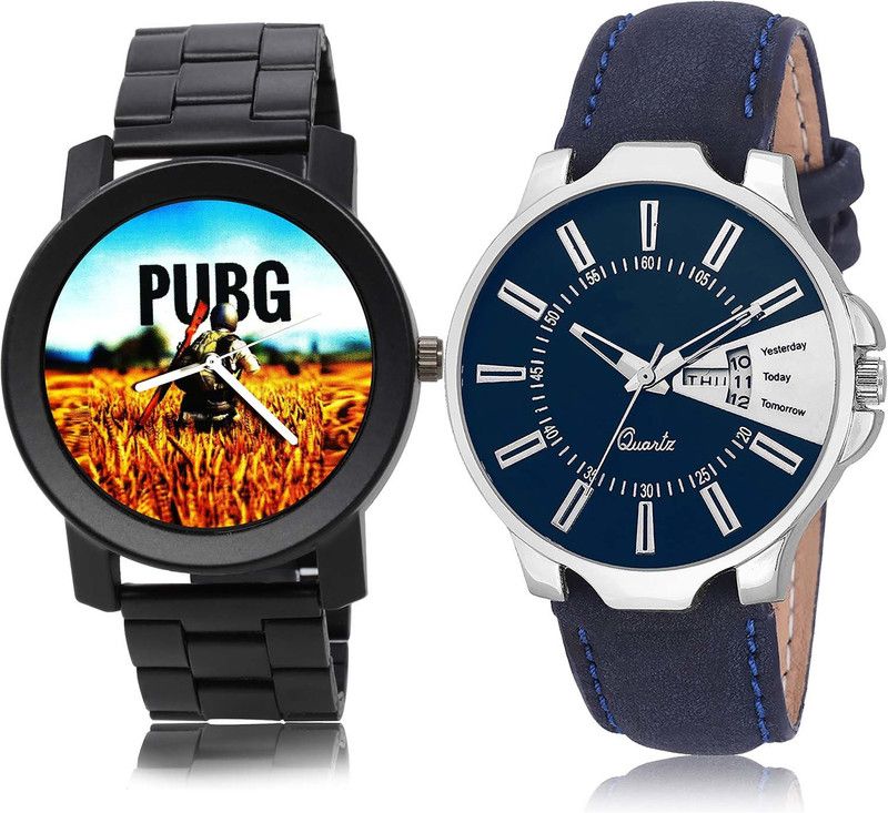 combo watch Analog Watch - For Boys New Branded Pubg Military Army Chain Watch And Day And Date Black And Blue Color Men Watch - B489-BL46.23 (Combo Of 2 )