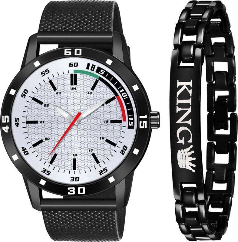 Multicolor Mesh Pu Belt & Multicolor Dial & King Bracelet Combo Analog Watch - For Men