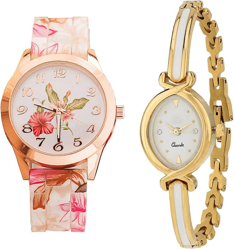 combo watch Analog Watch - For Girls Classical Italian Designer Flower Analogue White And Gold Color Girls And Women Watch - G305-G123 (Combo of 2 )