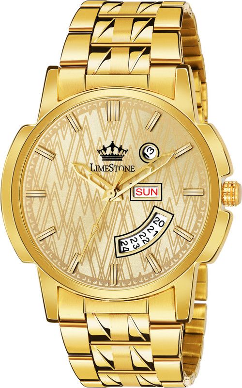 Day & Date Original Gold Plated HMTS Adjsutable Bracelet Quartz Analog Watch - For Men LS2894