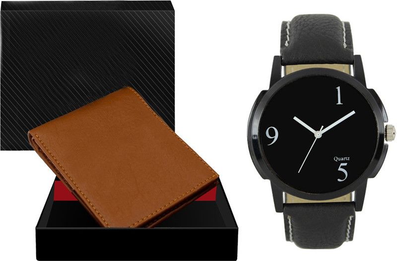 Combo Of Tan Color Artificial Leather Wallet & Analog Watch - For Men WL02-LR06