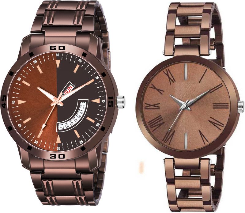 Analog Watch - For Men & Women S317|SET OF 2 COMBO PREMIUM LUXURY LOOK |STAINLESS STEEL STRAP| Sports Design Adjustable Length | Brown dual tone metallic shine dial | Date and Day functioning