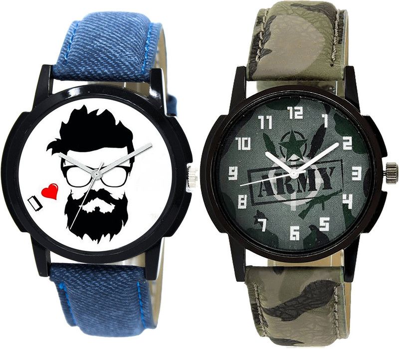 combo watch Analog Watch - For Girls Brand New Present Beard Style And Army Analogue Blue And Green Color Boys And Men Watch - B12-B21 (Combo Of 2 )