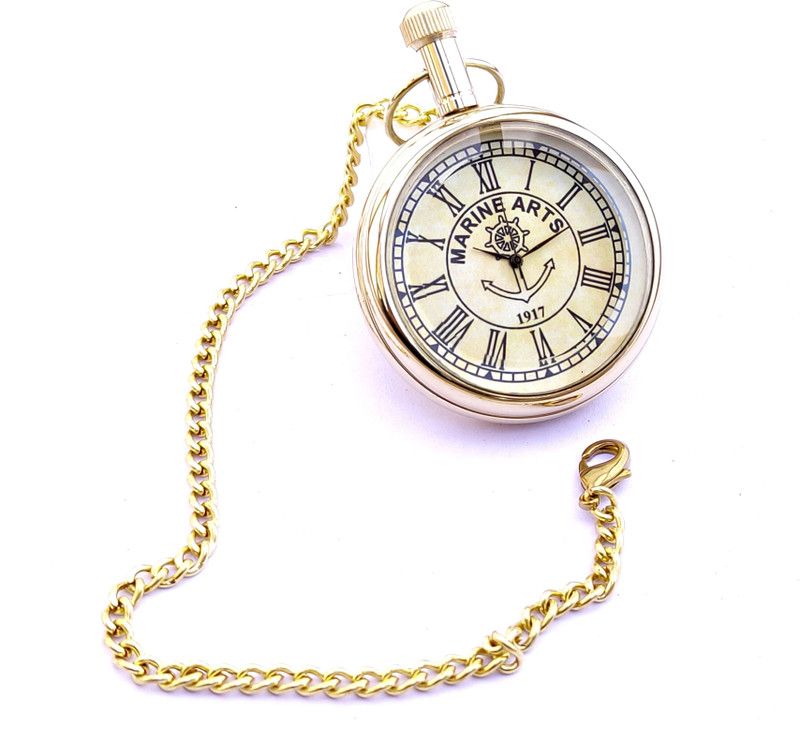 k.v handicrafts Classic Marine Arts - 1917 Dial - Antique Indian Look Gandhi Watch / Pocket Watch with Long Chain By- K V Handicraft KVH-0064 Brass Finish Brass Pocket Watch Chain