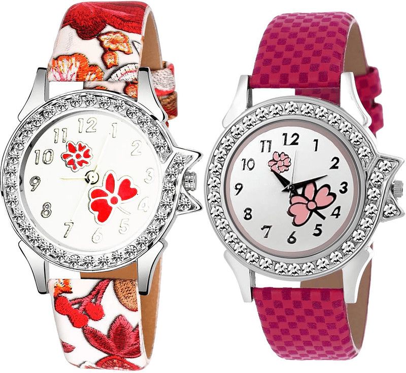 combo watch Analog Watch - For Girls Classical Unique Flower Dimond And Flower Analogue Red And Pink Color Girls And Women Watch - G409-G128 (Combo of 2 )