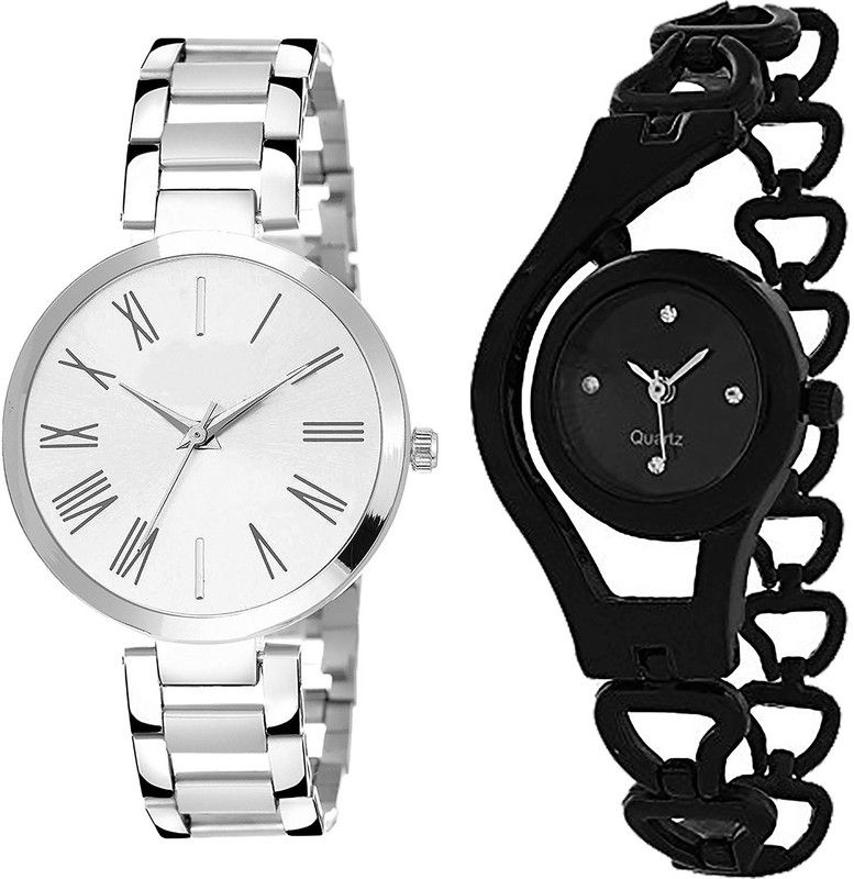 combo watch Analog Watch - For Girls Classical Valentine Chain Analogue Silver And Black Color Girls And Women Watch - G300-G68 (Combo of 2 )