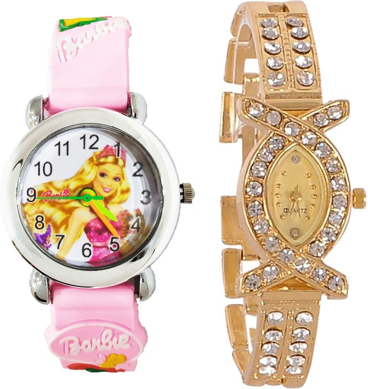 combo watch Analog Watch - For Girls Classical Style Barbie Doll Analogue Pink And Gold Color Girls And Women Watch - G321-G125 (Combo of 2 )