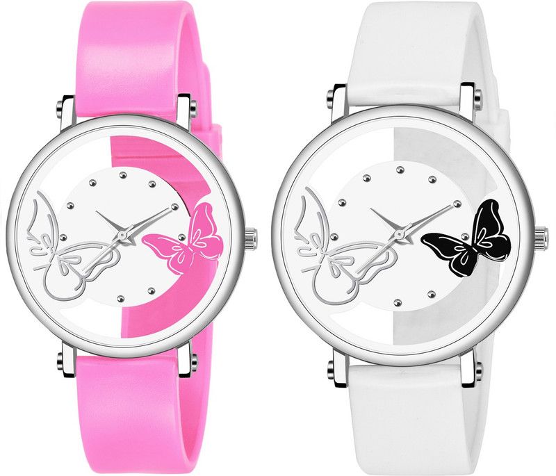 Analog Watch - For Women New Arrival Dual Pink And White Color Dual Batterfly With White Color Dual Batterfly Combo