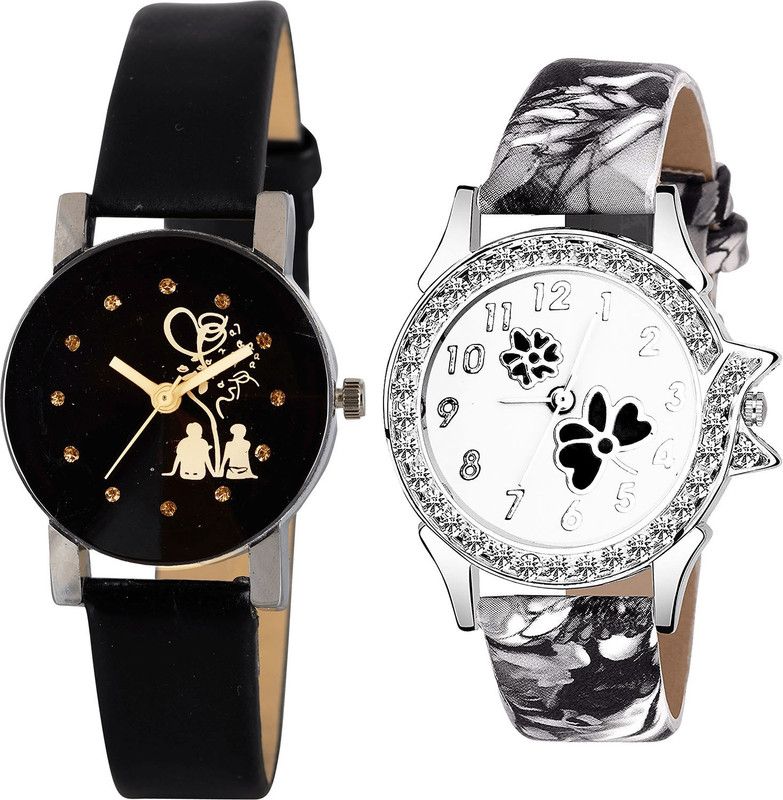 combo watch Analog Watch - For Girls Best Heart Love Valentine Couple And Flower Dimond Analogue Black Color Girls And Women Watch - G389-G408 (Combo of 2 )