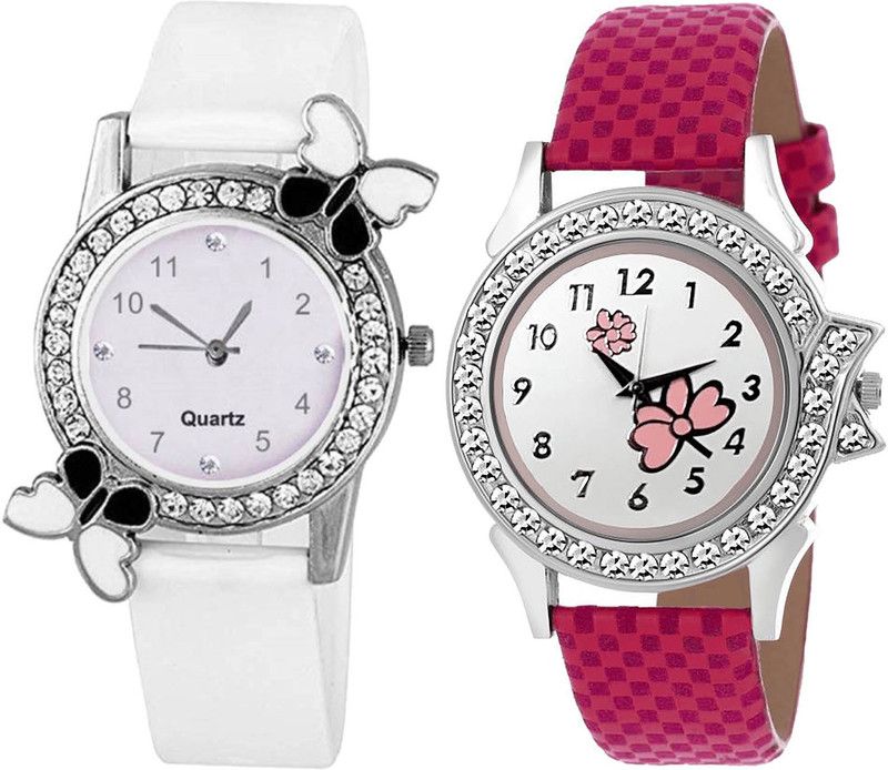 combo watch Analog Watch - For Girls Latest Model Butterfly And Flower Analogue White And Pink Color Girls And Women Watch - G102-G128 (Combo Of 2 )