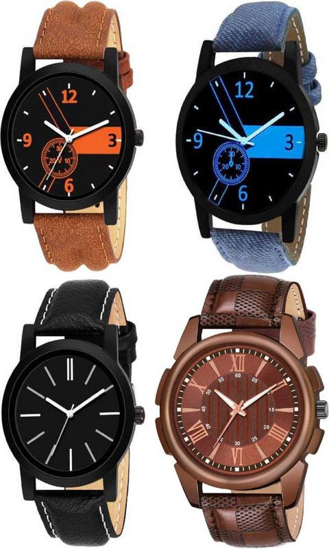 Analog Watch - For Boys BEST LOOKING ANALOG-WATCHES FOR BOYS BEST LEATHER STRAP BLUE, BLACK AND BROWN COLORS COMBO WATCHES STYLISH ROYAL LOOK ATTRACTIVE DESIGN WATCHES FOR MEN AND BOYS ( PACK OF 4 ) WATCHES