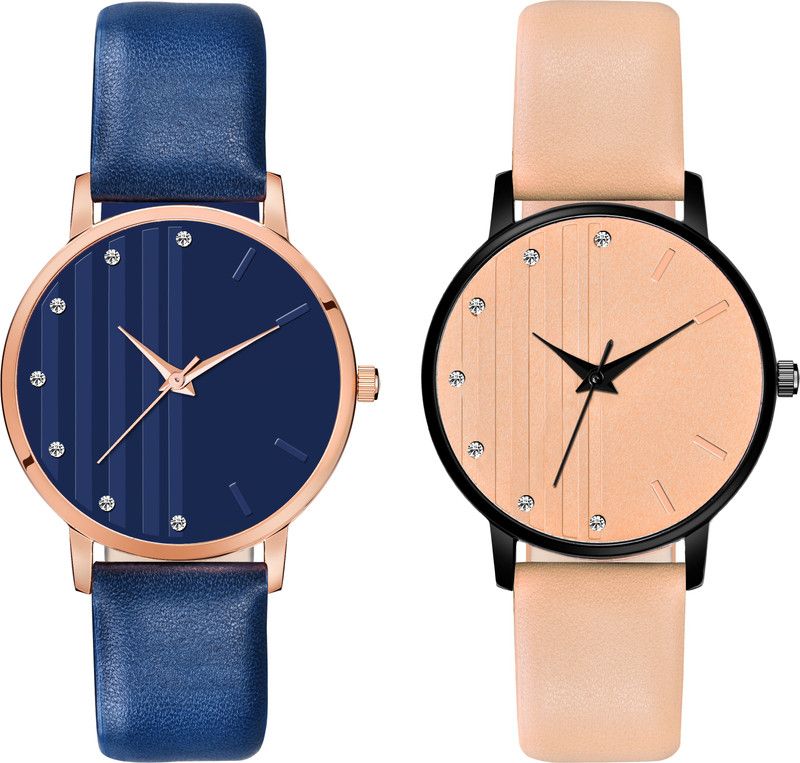Analog Watch - For Girls blue&orangeColor Diamond Studded Round Dial Designer Leather Belt Watch for Girl