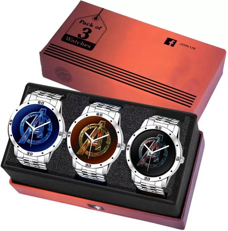 Pack Of-3 Steel Chain New Soft Sporty Design Adjustable Length Analog Watch - For Men