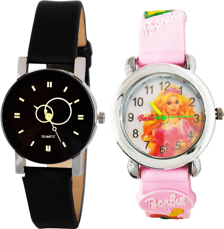 combo watch Analog Watch - For Girls Latest Fashion Geometric Design And Barbie Doll Analogue Black And Pink Color Girls And Women Watch - G386-G320 (Combo of 2 )
