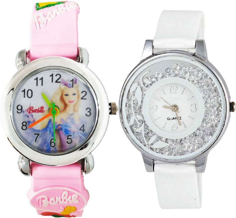 combo watch Analog Watch - For Girls New Diwali Barbie Doll And Flower Analogue Pink And White Color Girls And Women Watch - G323-G90 (Combo of 2 )