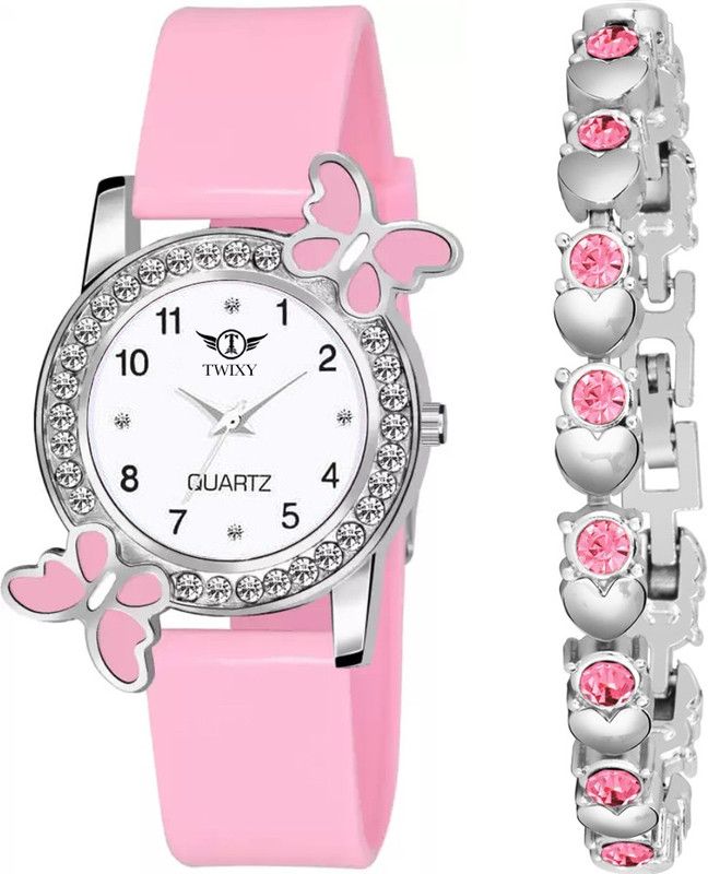 Analog Watch - For Girls TY-205 PINK DIAMOND STUDDED ATTRACTIVE BRACELET & BUTEERFLY ANALOG WATCH COMBO