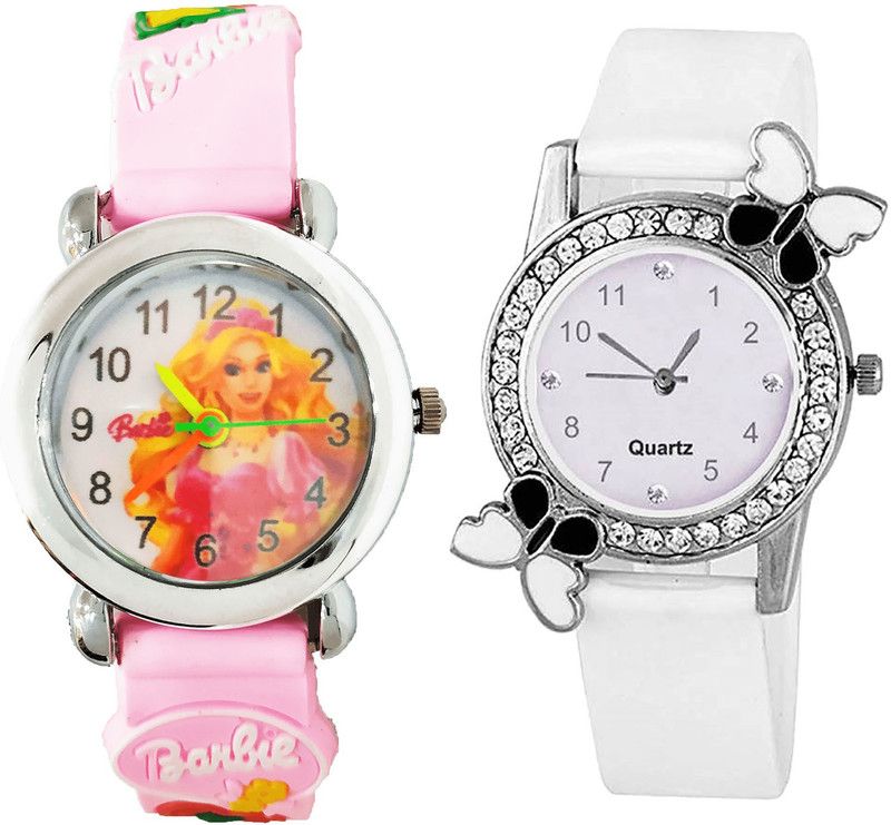 combo watch Analog Watch - For Girls Contemporary Fancy Barbie Doll And Butterfly Analogue Pink And White Color Girls And Women Watch - G320-G102 (Combo of 2 )