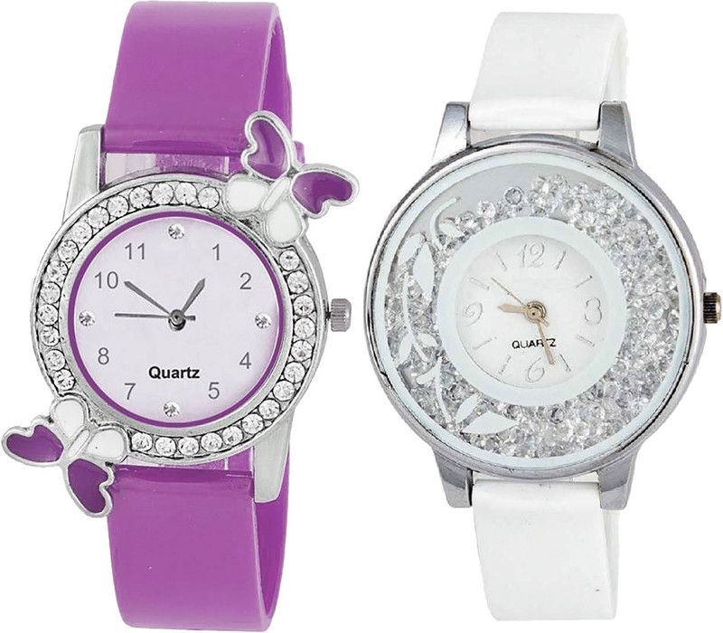 combo watch Analog Watch - For Girls Brand New Luxury Butterfly And Flower Analogue Purple And White Color Girls And Women Watch - G100-G90 (Combo Of 2 )