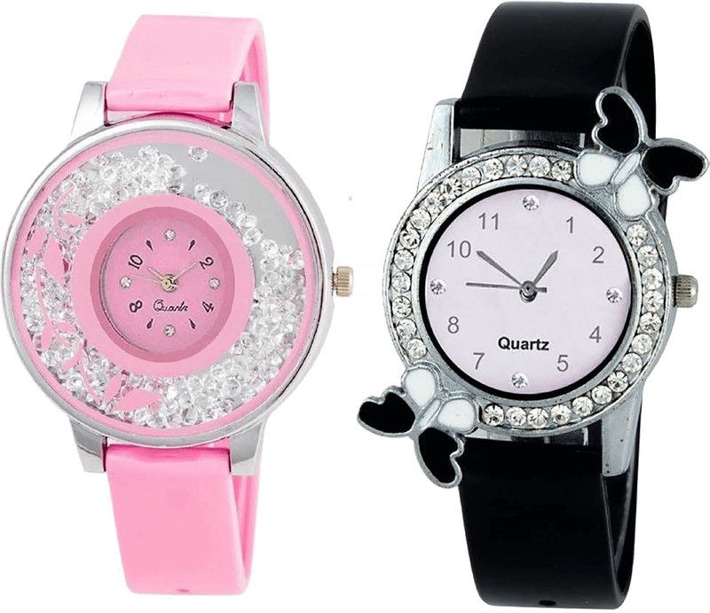 combo watch Analog Watch - For Girls Latest Quartz Flower And Butterfly Analogue Pink And Black Color Girls And Women Watch - G88-G97 (Combo Of 2 )