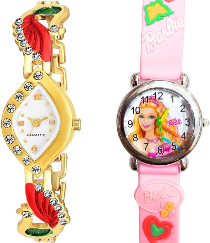 combo watch Analog Watch - For Girls Latest High Quality Peacock And Barbie Doll Analogue Gold And Pink Color Girls And Women Watch - G116-G7 (Combo Of 2 )