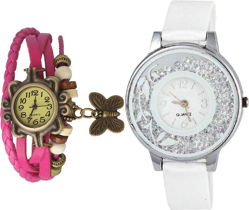 combo watch Analog Watch - For Girls Modern Quartz Butterfly And Flower Analogue Pink And White Color Girls And Women Watch - G63-G90 (Combo Of 2 )