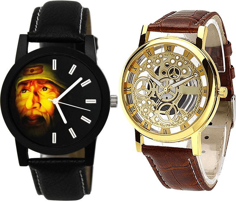 combo watch Analog Watch - For Men Treading Heart Sai Baba And Open Analogue Black And Brown Color Boys And Men Watch - B123-B45 (Combo Of 2 )