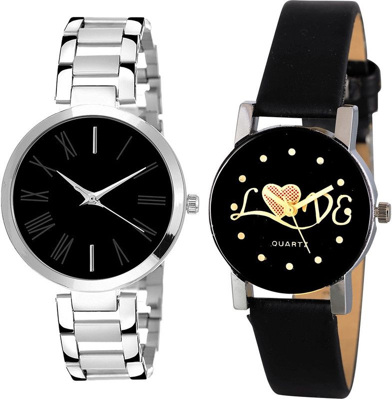 combo watch Analog Watch - For Girls Brand New Heart Love Valentine Analogue Silver And Black Color Girls And Women Watch - G299-G390 (Combo of 2 )