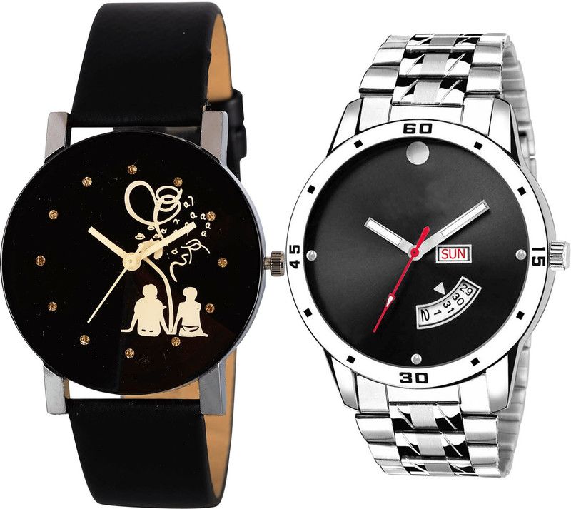 combo watch Analog Watch - For Girls Latest Valentine Couple Love And Day And Date Analogue Black And Silver Color Boys And Men Watch - B138-BL46.104 (Combo Of 2 )