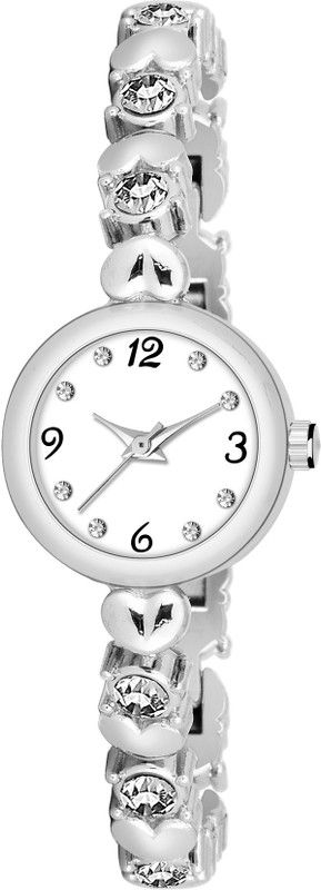 Analog Watch - For Girls L_778 WHITE DIAMOND STTUDED SILVER CHAIN RICH LOOK ANALOG QUARTZ WOMEN WATCH