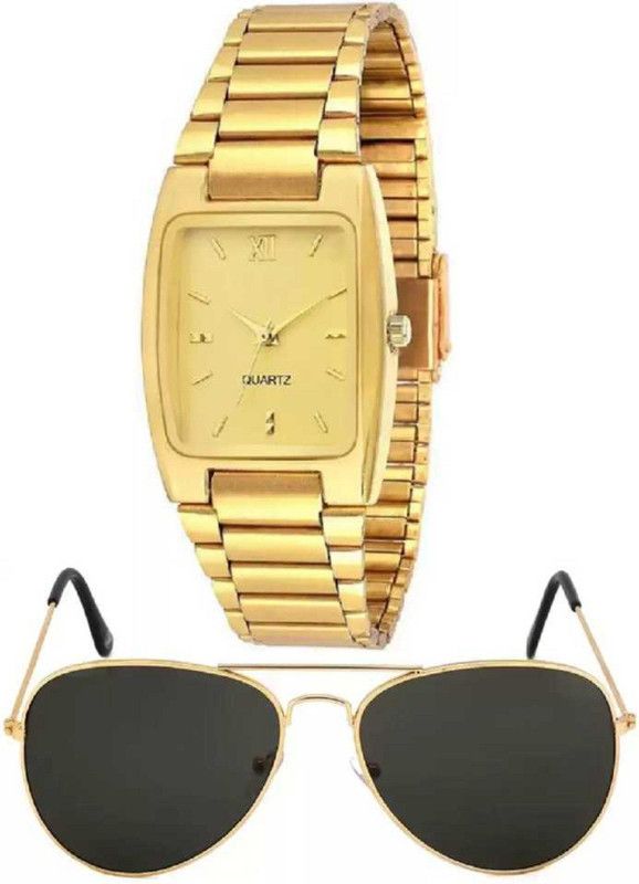 Analog Watch - For Boys NEW TREND COMBO WATCH-01+ SUN-GLASS-01 OLD IS GOLD FASHION SQUARE DIAL GOLD FANCY PLATINUM CHAIN FOR GENT'S AND GENTLEMAN ANALOG WATCH AND SUN-GLASS - FOR MEN'S AND BOYS