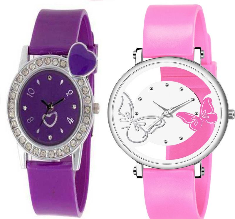 Analog Watch - For Women New Arrival White Color Dual Batterfly With Purple Color Small Heart Combo