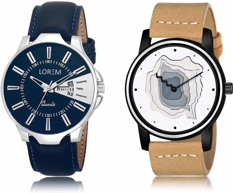 Set Of 2 Casual Round Synthetic Leather Analog Watch - For Men OB-LR23-LR68