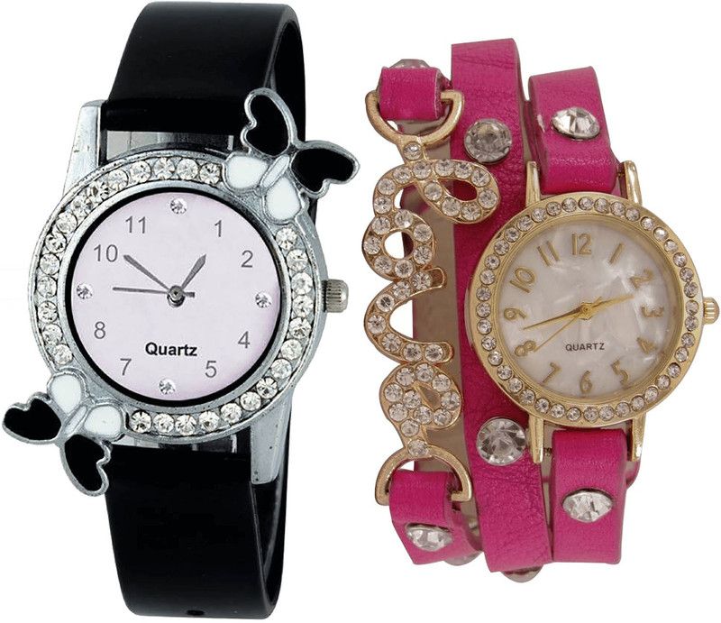 combo watch Analog Watch - For Girls Modern Wrist Butterfly And Love Valentine Analogue Black And Pink Color Girls And Women Watch - G97-G204 (Combo Of 2 )