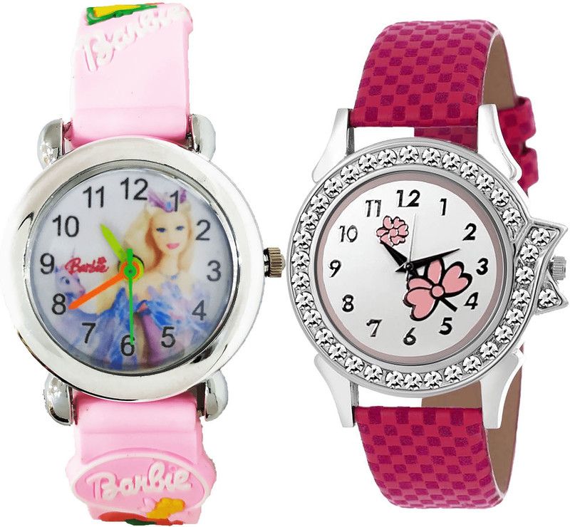 combo watch Analog Watch - For Girls Latest Quartz Barbie Doll And Flower Analogue Pink Color Girls And Women Watch - G323-G128 (Combo of 2 )