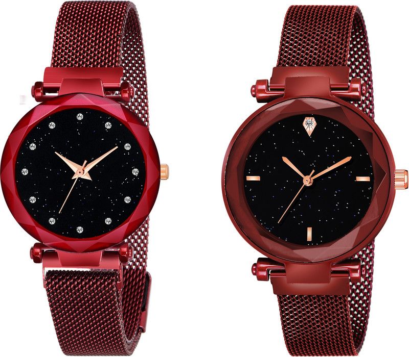 New Fashion Analog Watch - For Girls Luxury Mesh Magnet Buckle Starry sky Quartz Watches For girls Fashion Mysterious 12 diamouns Red & 4 Figar Red Lady New Fashion
