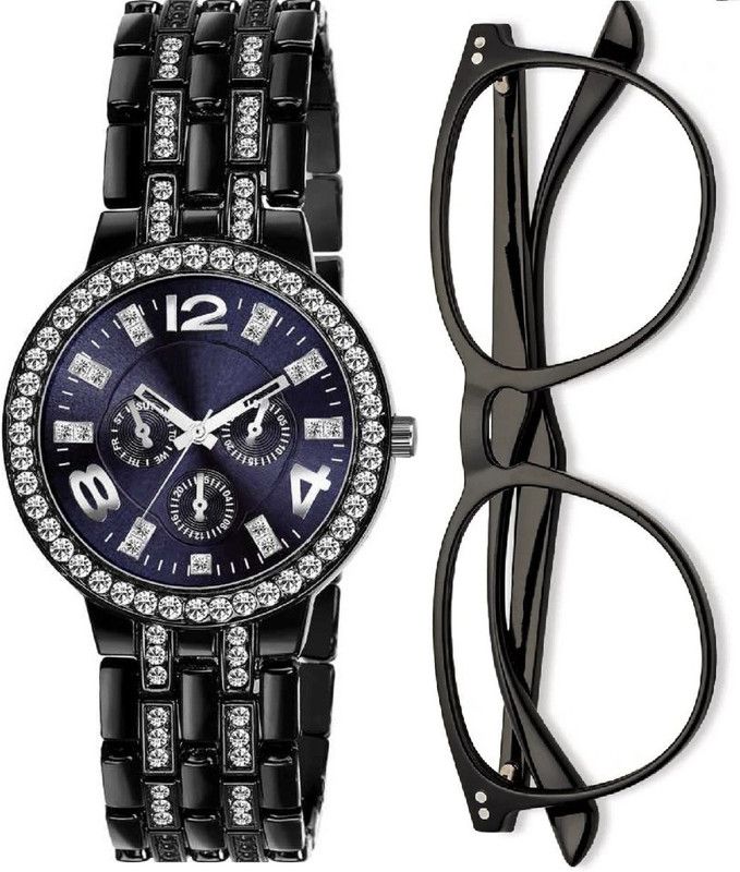 BEST DEAL AND FAST SELLING PRODUCT AND ALSO GOOD RETURN GIFT COLLECTION Analog Watch - For Girls NEW STYLISH TODAY TRENDING WOMEN'S AND GIRL'S BLACK DIAMOND STUDDED + BLACK CLEAR CAT EYE SUNGLASS