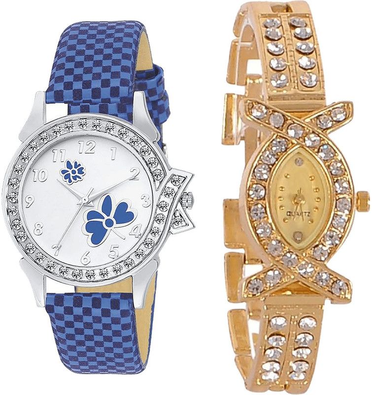 combo watch Analog Watch - For Girls Brand New Professional Flower Analogue Blue And Gold Color Girls And Women Watch - G127-G125 (Combo Of 2 )