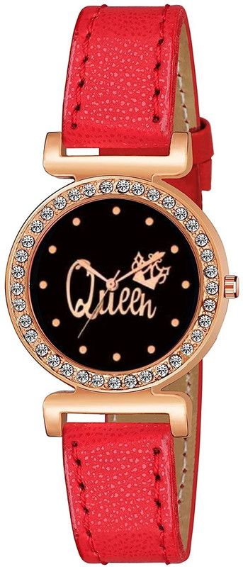 Analog Watch - For Girls Queen Full Diamond Dial Red Leather Strap Analogue Watche For girls & women