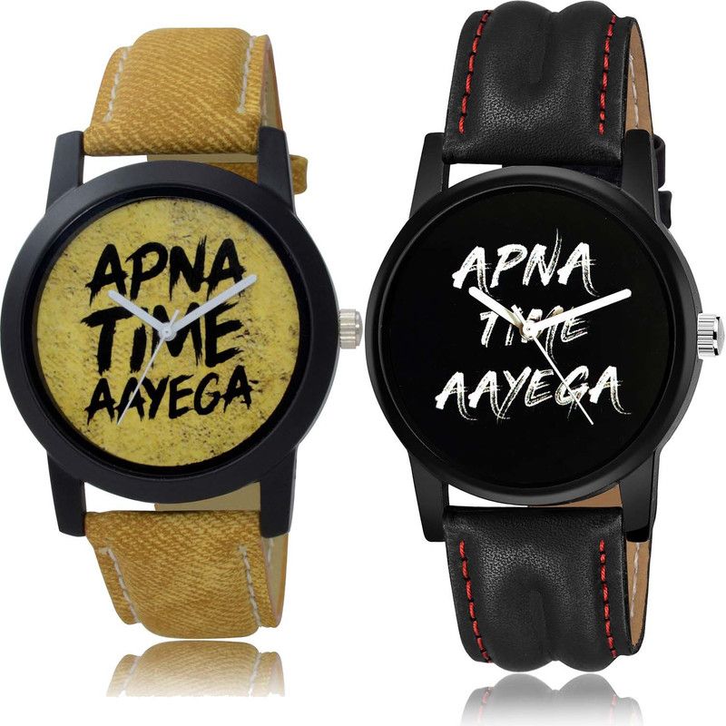 combo watch Analog Watch - For Boys Best Style Apna Time Aayega Brown And Black Color Men Watch - B383-B403 (Combo Of 2 )