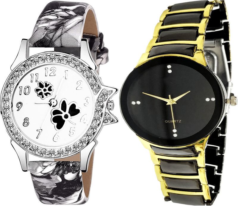combo watch Analog Watch - For Girls Classical Technology Flower Dimond Analogue Black And Gold Color Girls And Women Watch - G408-G208 (Combo of 2 )