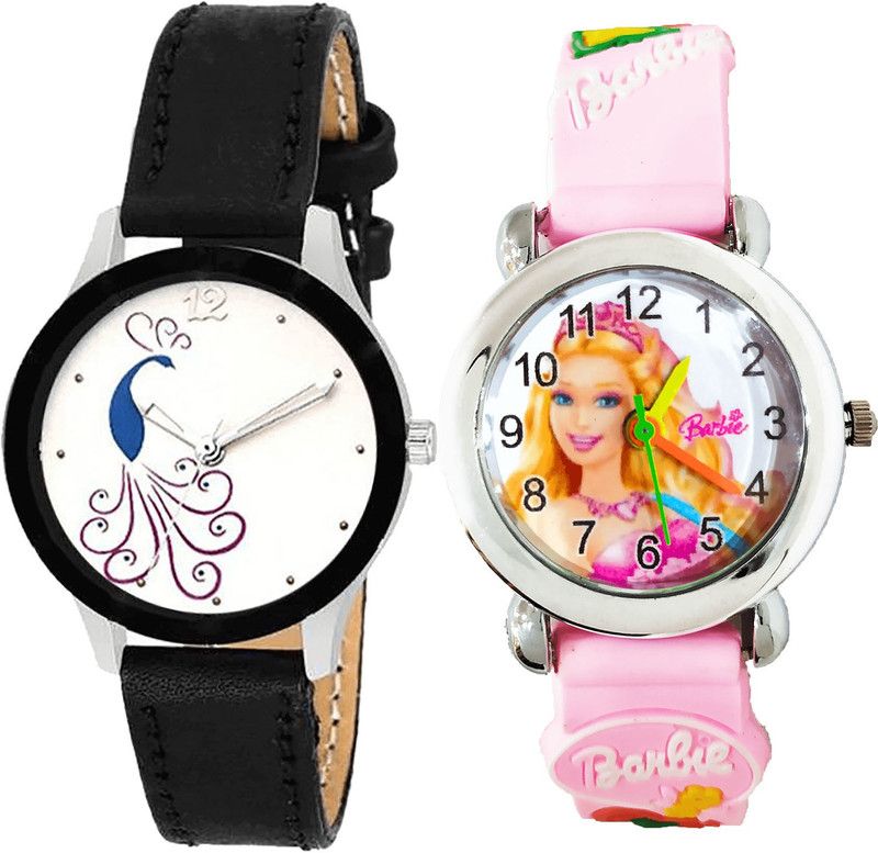 combo watch Analog Watch - For Girls Latest Fashion Peacock And Barbie Doll Analogue Black And Pink Color Girls And Women Watch - G271-G7 (Combo of 2 )