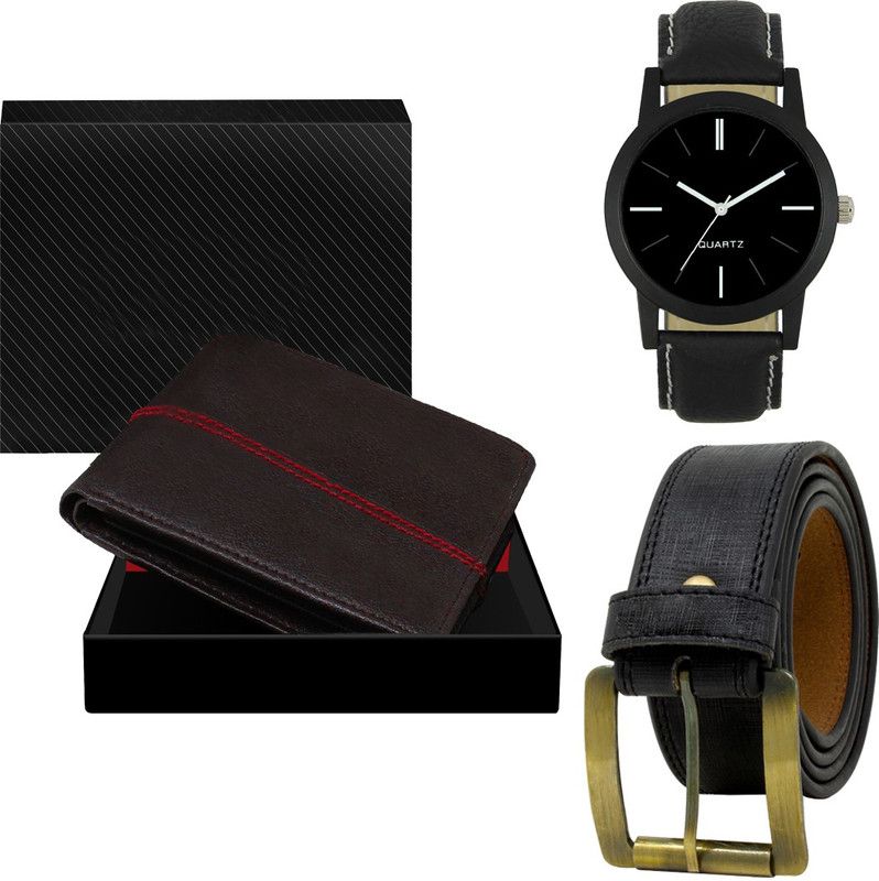 Combo Of Artificial Leather Belt-Wallet & Analog Watch - For Men LR05-WL07-BL01