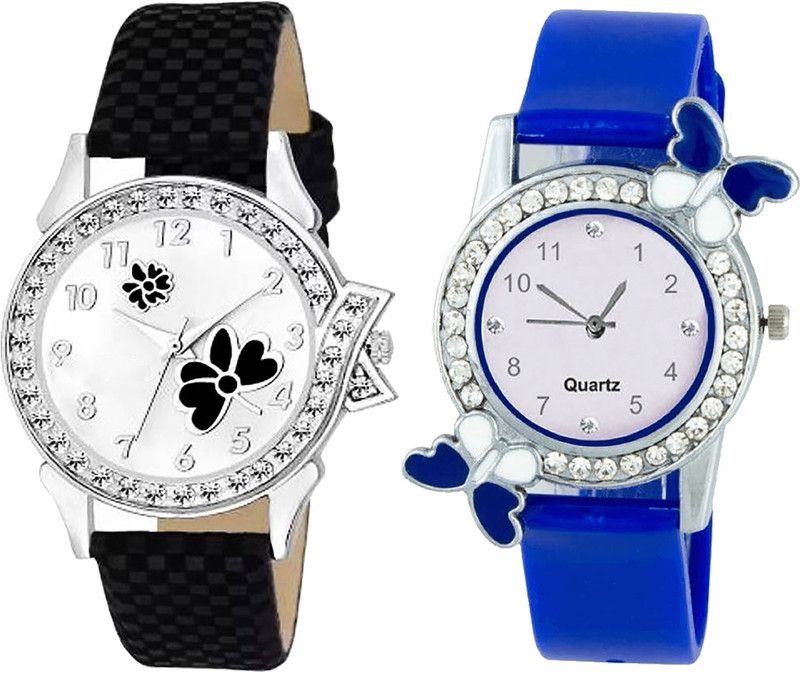 combo watch Analog Watch - For Girls Contemporary Collegian Flower And Butterfly Analogue Black And Blue Color Girls And Women Watch - G126-G98 (Combo Of 2 )
