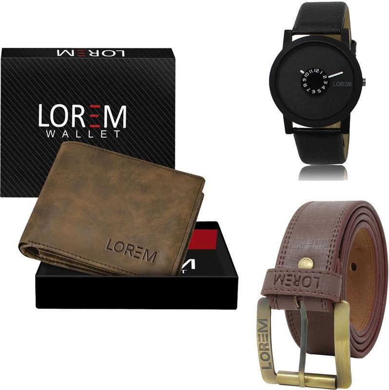 Combo Of Artificial Leather Belt-Wallet & Analog Watch - For Men FZ-LR25-WL25-BL02