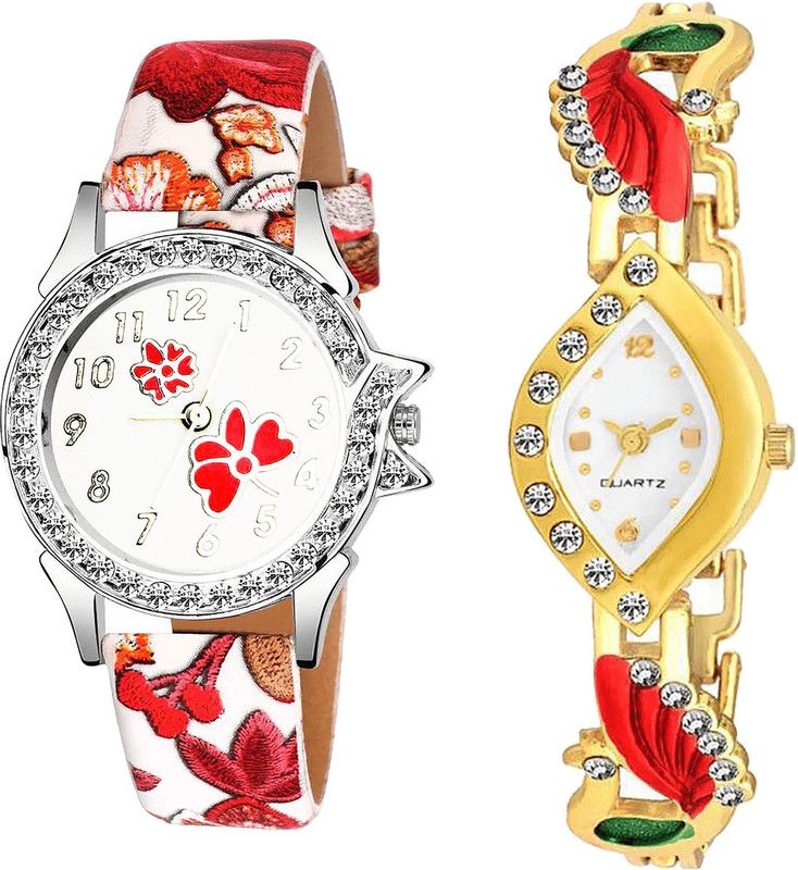 combo watch Analog Watch - For Girls Classical Style Flower Dimond And Peacock Analogue Red And Gold Color Girls And Women Watch - G409-G116 (Combo Of 2)